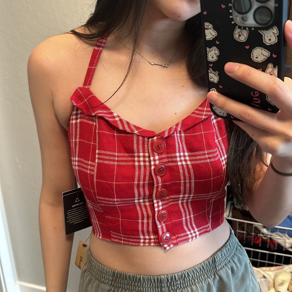 Reformation Connie top Claudia red plaid